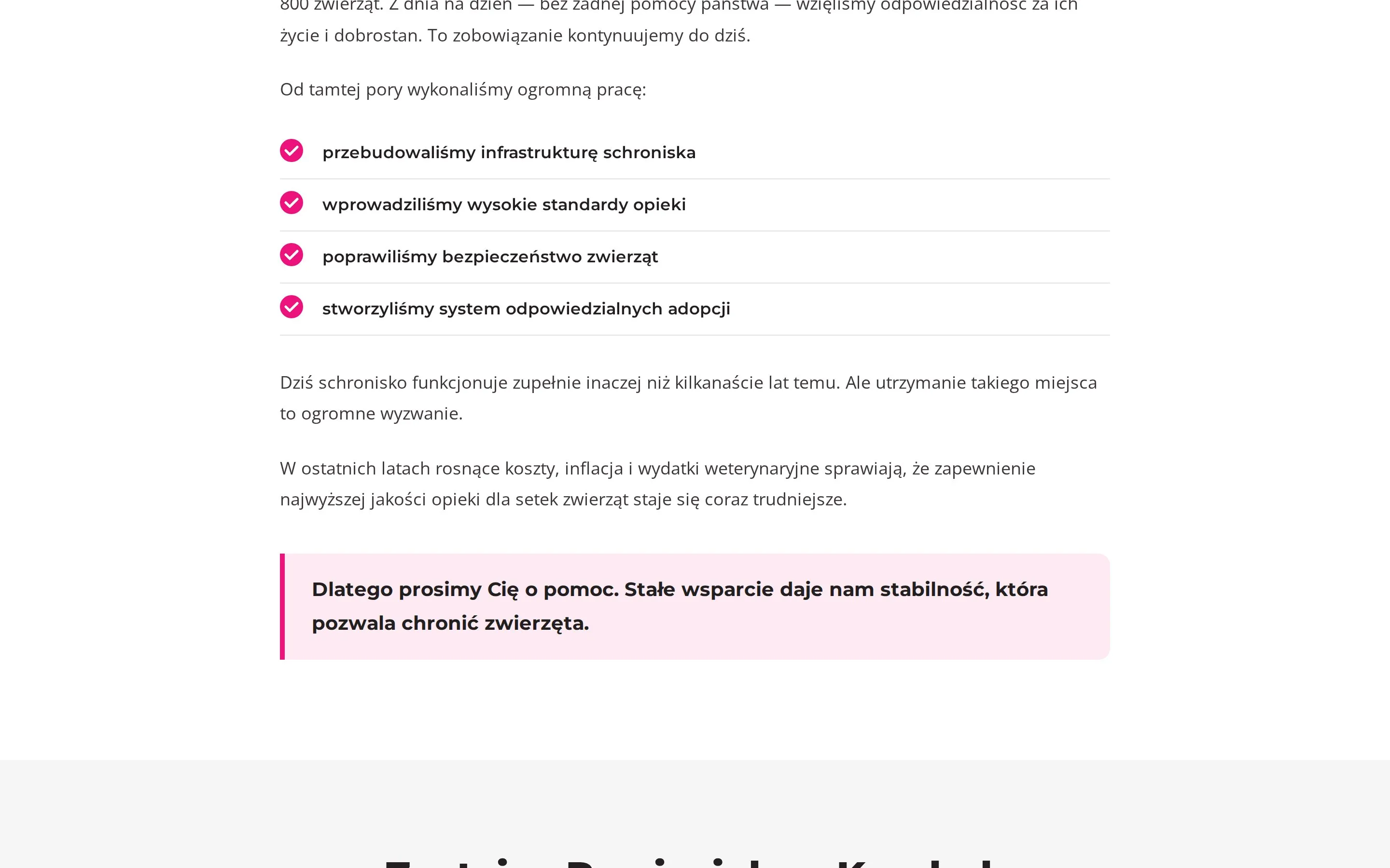 Lista zrealizowanych zmian w schronisku: przebudowa infrastruktury, standardy opieki, bezpieczeństwo, system adopcji