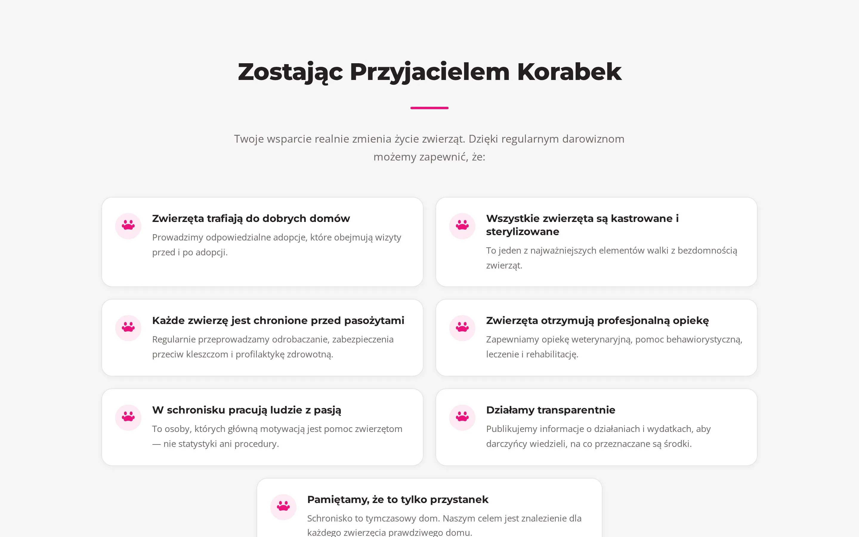 Sekcja korzyści: zwierzęta trafiają do dobrych domów, są kastrowane i sterylizowane, chronione przed pasożytami, otrzymują profesjonalną opiekę, a schronisko działa transparentnie