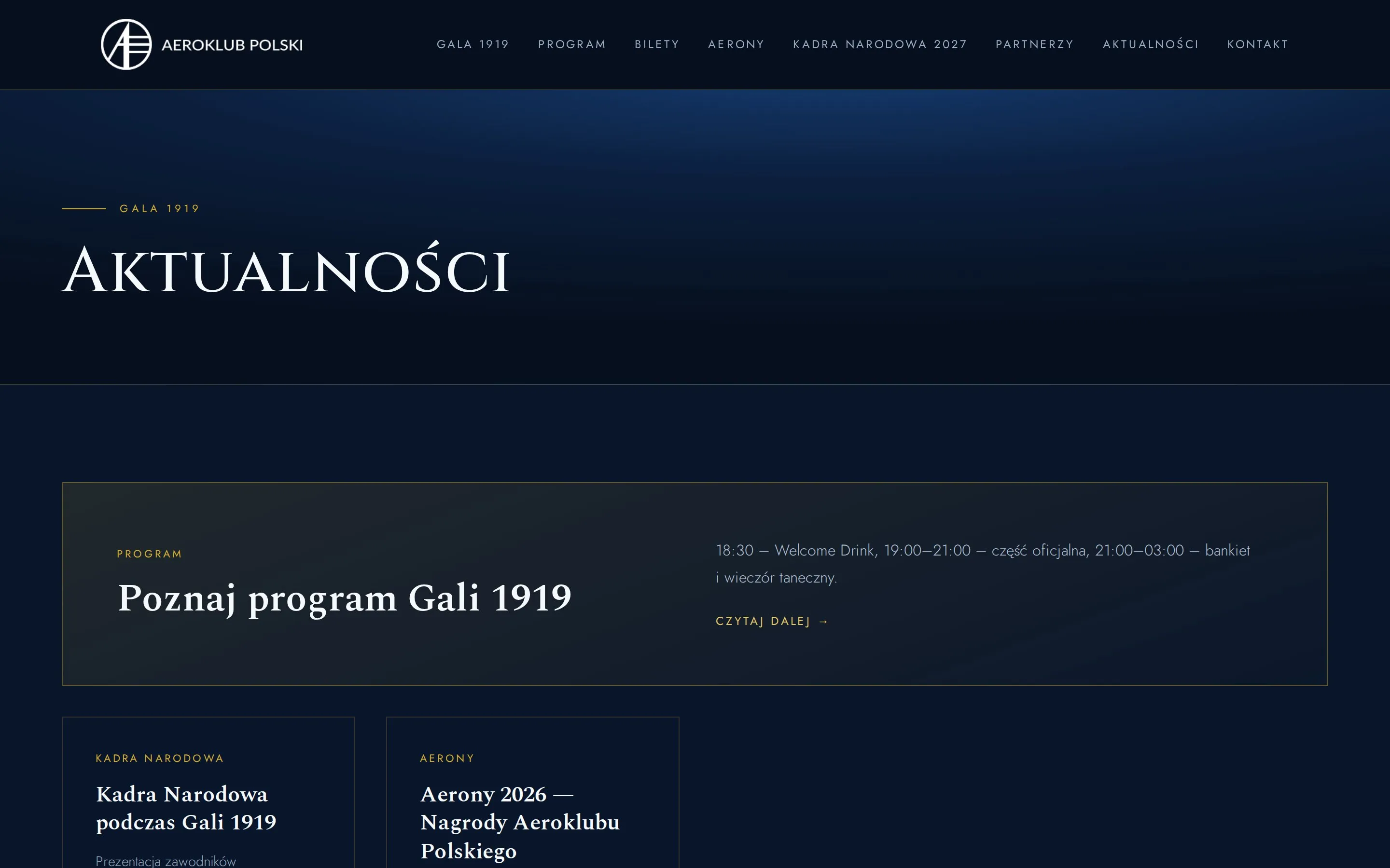 Podstrona Aktualności: wyróżniony wpis „Poznaj program Gali 1919” i karty wpisów z kategoriami Kadra Narodowa oraz AERONY