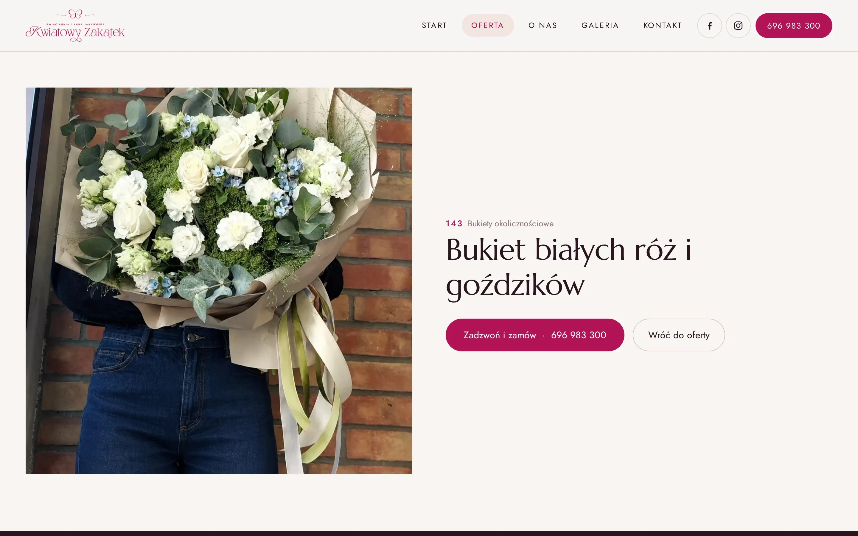 Strona pojedynczego bukietu: duże zdjęcie bukietu białych róż i goździków, numer 143, okazja „Bukiety okolicznościowe”, przycisk „Zadzwoń i zamów” z numerem telefonu i „Wróć do oferty”