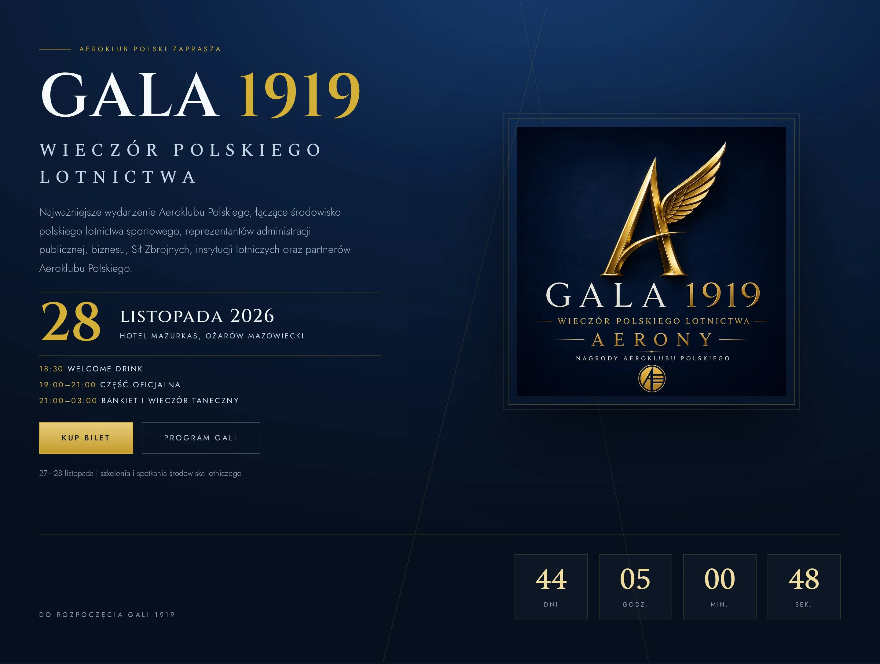 Pełna sekcja otwierająca stronę GALA 1919: nazwa wydarzenia, data 28 listopada 2026, Hotel Mazurkas, skrócony program wieczoru, przyciski „Kup bilet” i „Program gali” oraz licznik dni, godzin, minut i sekund do rozpoczęcia gali