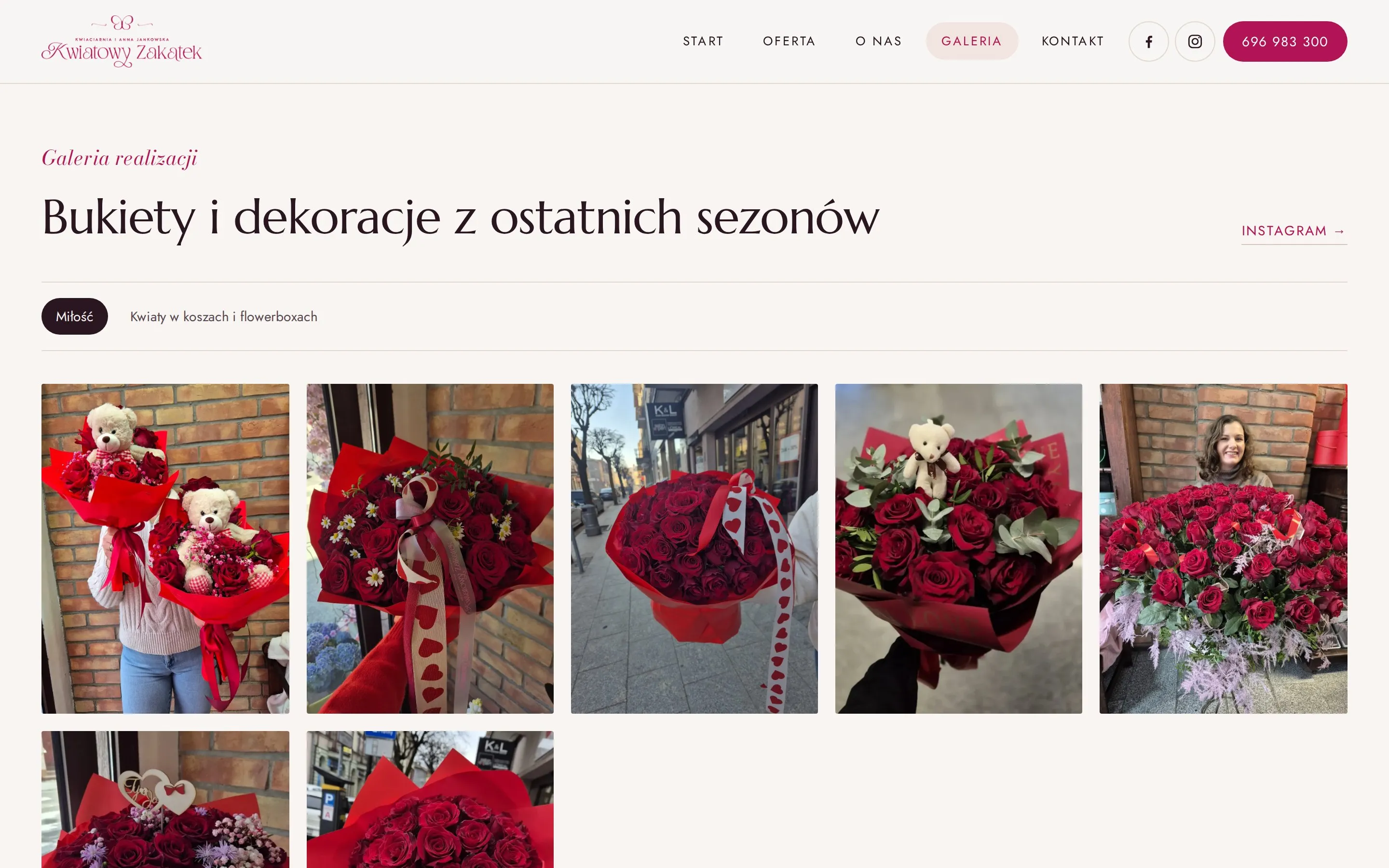 Podstrona Galeria: nagłówek „Bukiety i dekoracje z ostatnich sezonów”, zakładki albumów „Miłość” i „Kwiaty w koszach i flowerboxach” oraz siatka zdjęć bukietów w pionowym kadrze