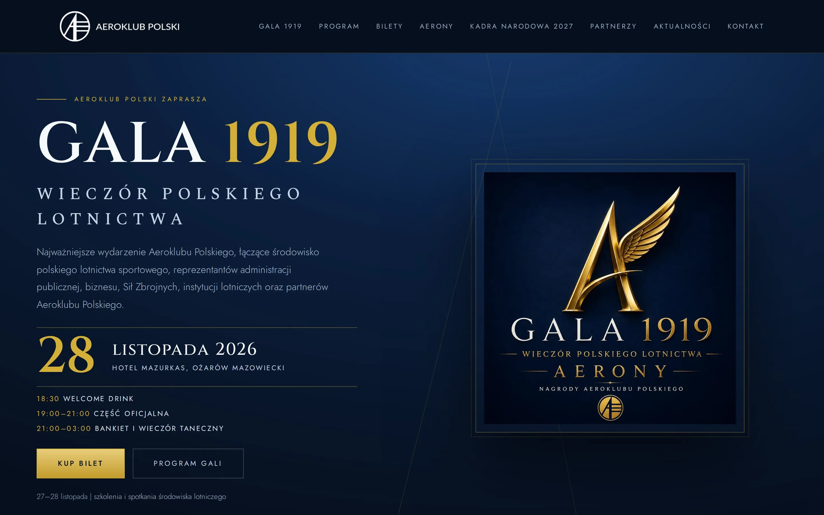 Strona GALA 1919 - widok desktop: menu, nazwa wydarzenia, data i miejsce, skrócony program wieczoru, przyciski „Kup bilet” i „Program gali”