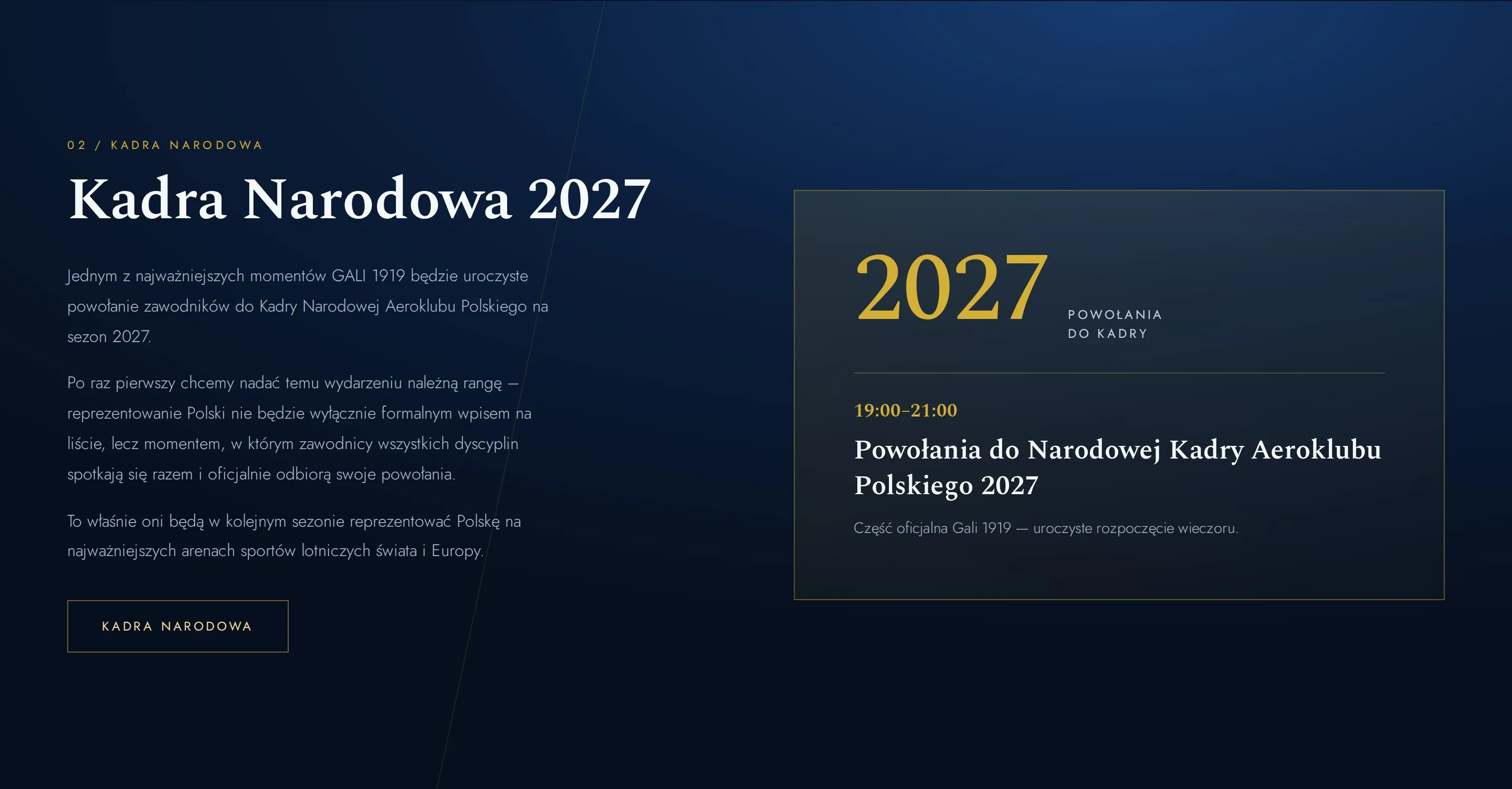 Sekcja Kadra Narodowa 2027 z opisem uroczystych powołań zawodników i kartą punktu programu 19:00-21:00 „Powołania do Narodowej Kadry Aeroklubu Polskiego 2027”