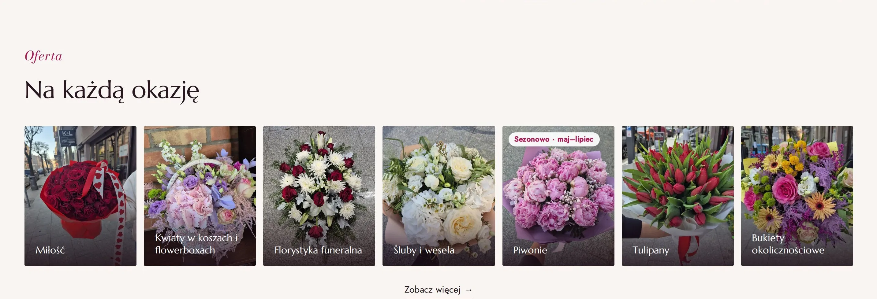 Sekcja „Na każdą okazję” na stronie głównej kwiaciarni: siedem kafli ze zdjęciami bukietów i nazwami okazji - Miłość, Kwiaty w koszach i flowerboxach, Florystyka funeralna, Śluby i wesela, Piwonie z plakietką „Sezonowo · maj-lipiec”, Tulipany, Bukiety okolicznościowe