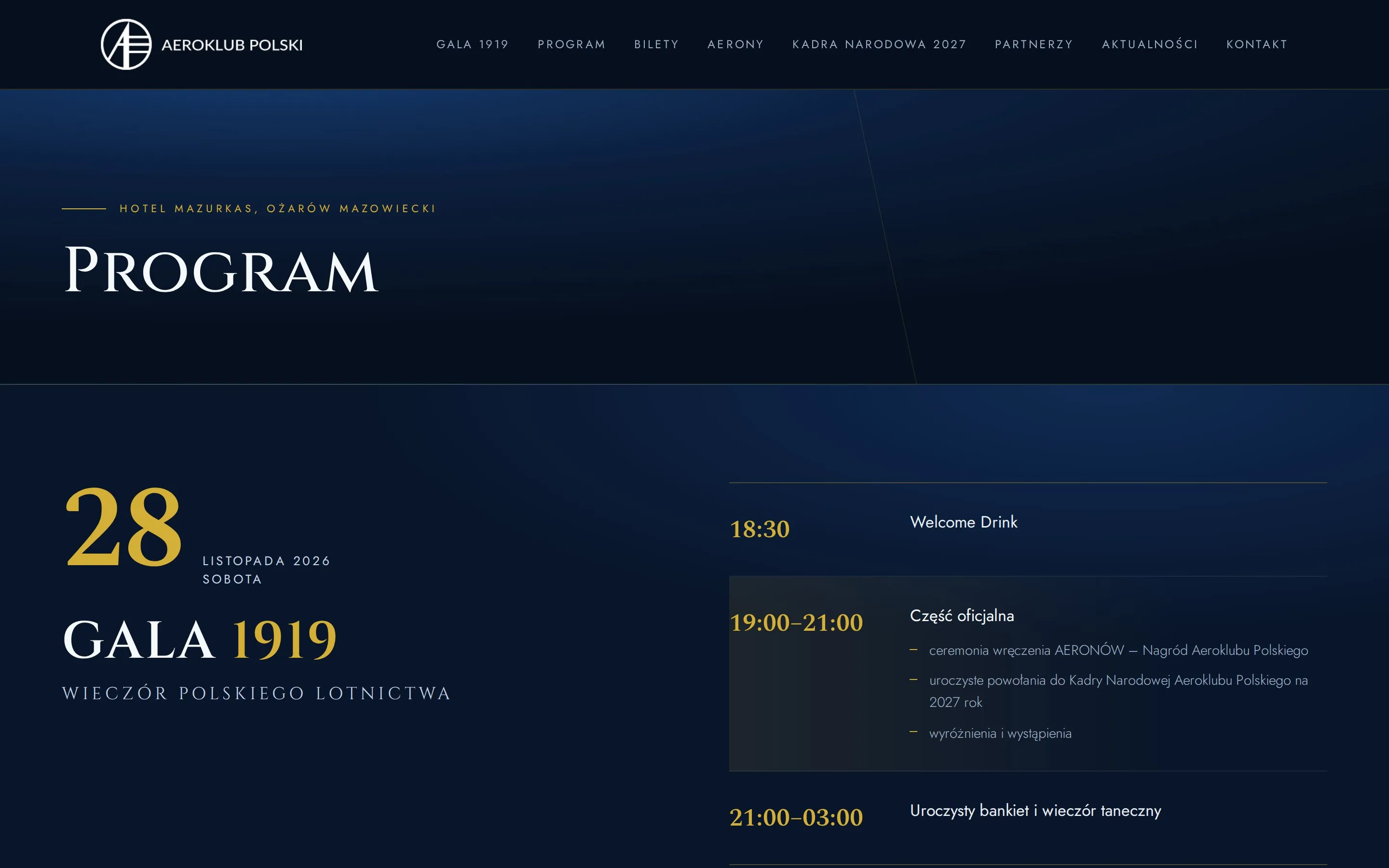 Podstrona Program: data 28 listopada 2026 i harmonogram wieczoru - Welcome Drink 18:30, część oficjalna 19:00-21:00 z ceremonią wręczenia AERONÓW i powołaniami do Kadry Narodowej, bankiet 21:00-03:00