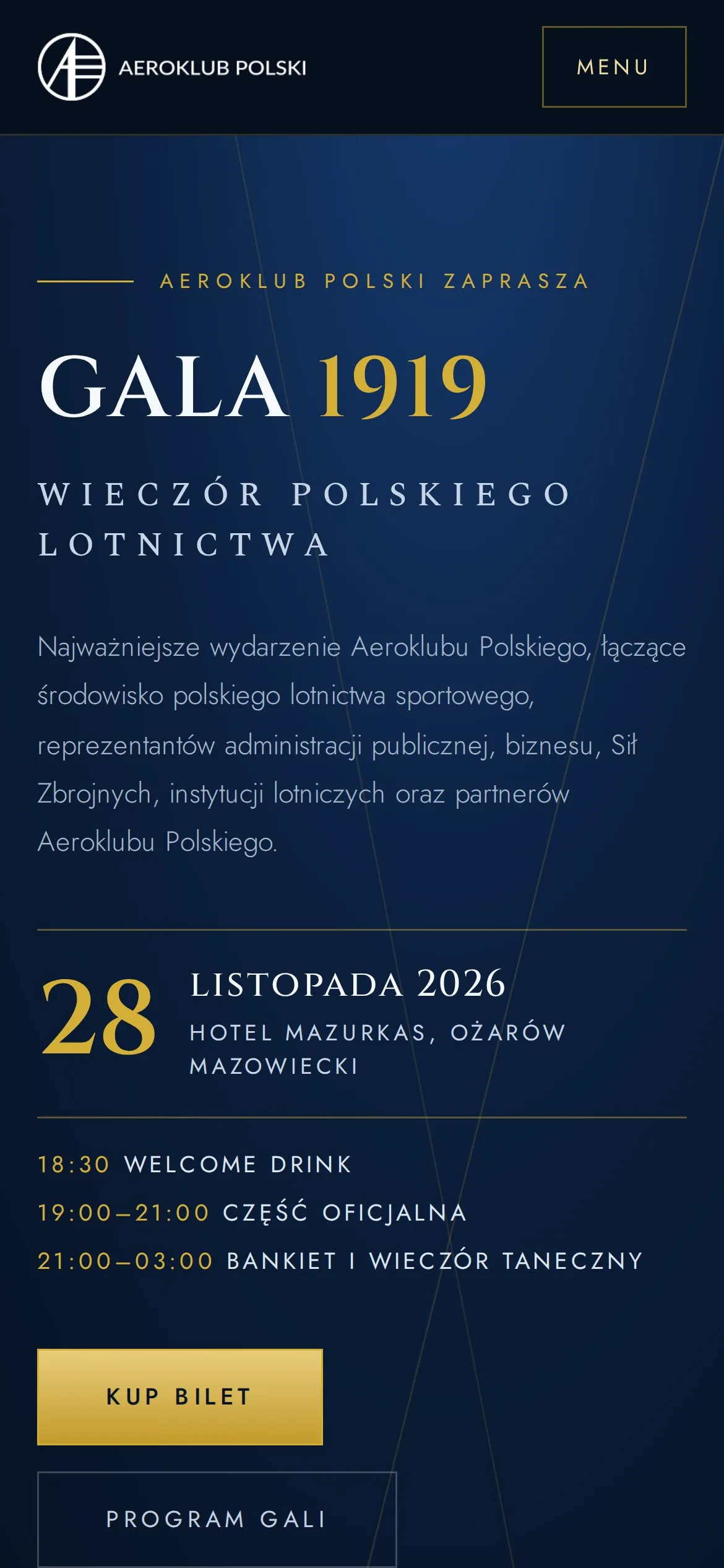Strona GALA 1919 - widok mobilny: nazwa wydarzenia, data 28 listopada 2026, program wieczoru i przycisk „Kup bilet”