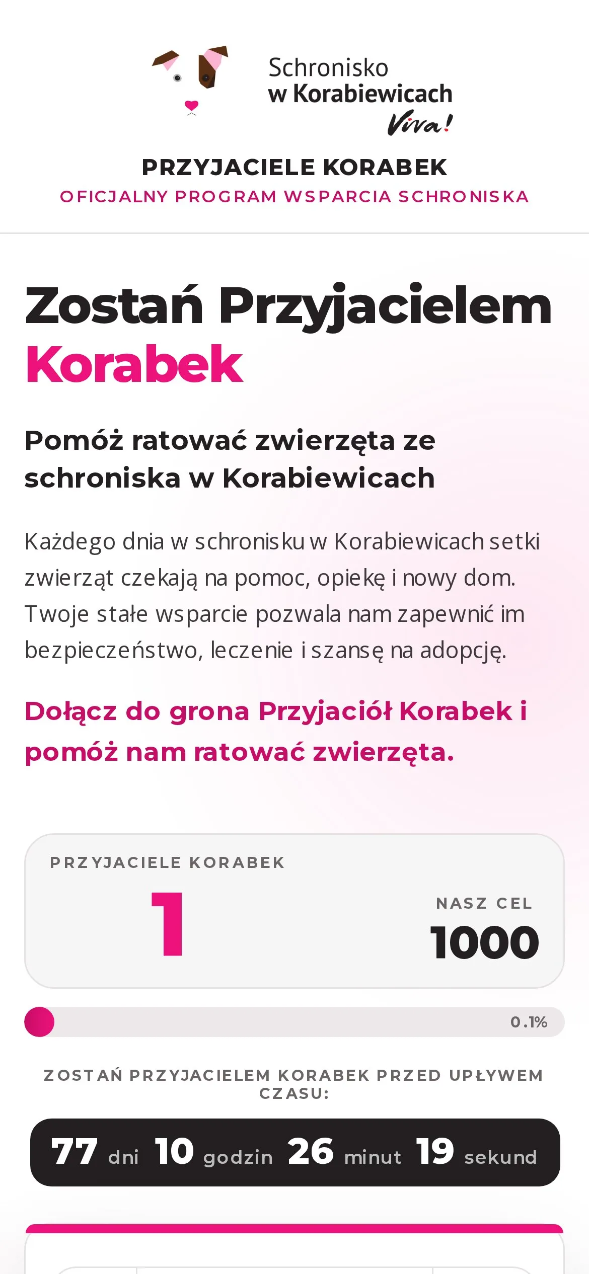 Landing Przyjaciele Korabek - widok mobilny: licznik 1/1000 i odliczanie do końca roku